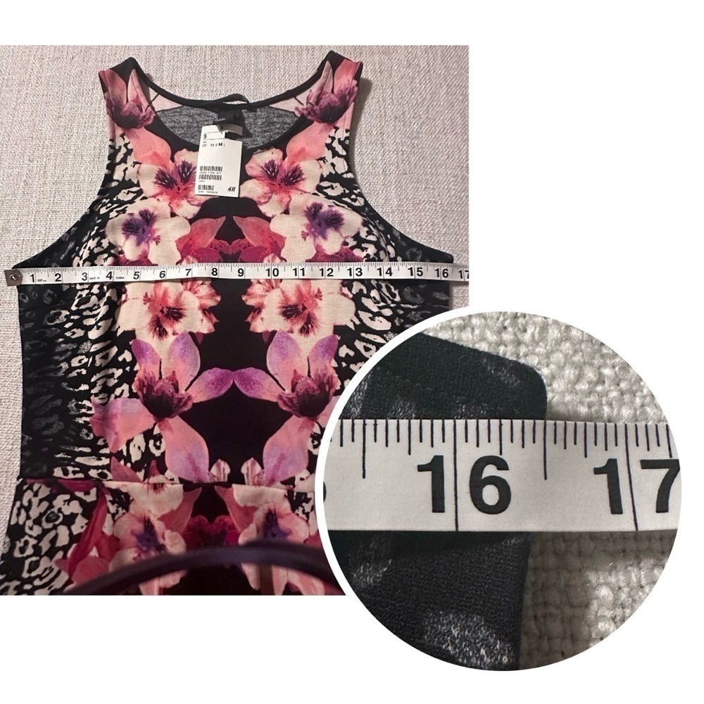 NEW H&M Fit and Flare Sleeveless Dress Pink Black Floral Stretch Women's M NWT - Picture 9 of 12